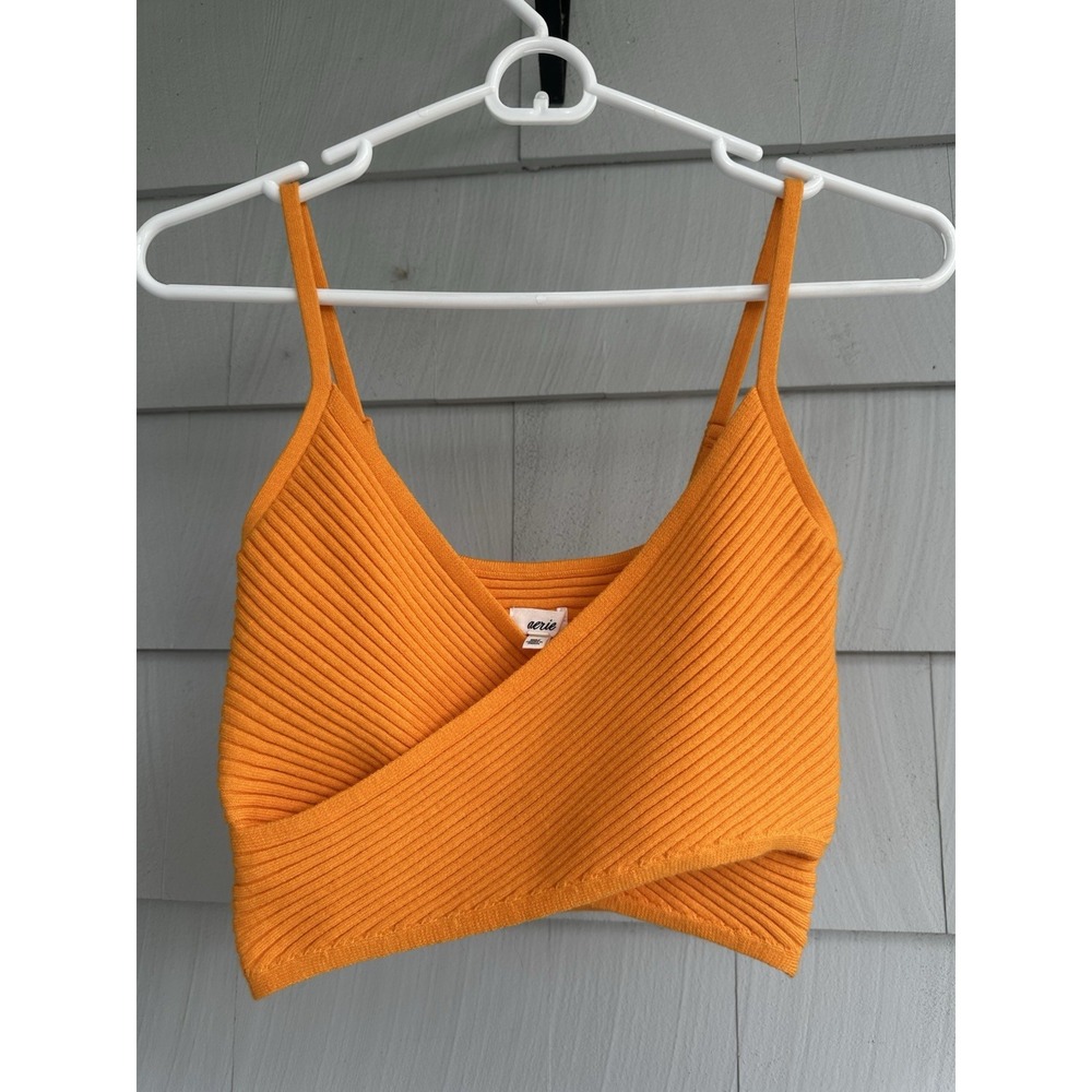 Aerie‎ Ribbed Wrap Crop Top Orange XS Knit Tank Festival Y2K NWT